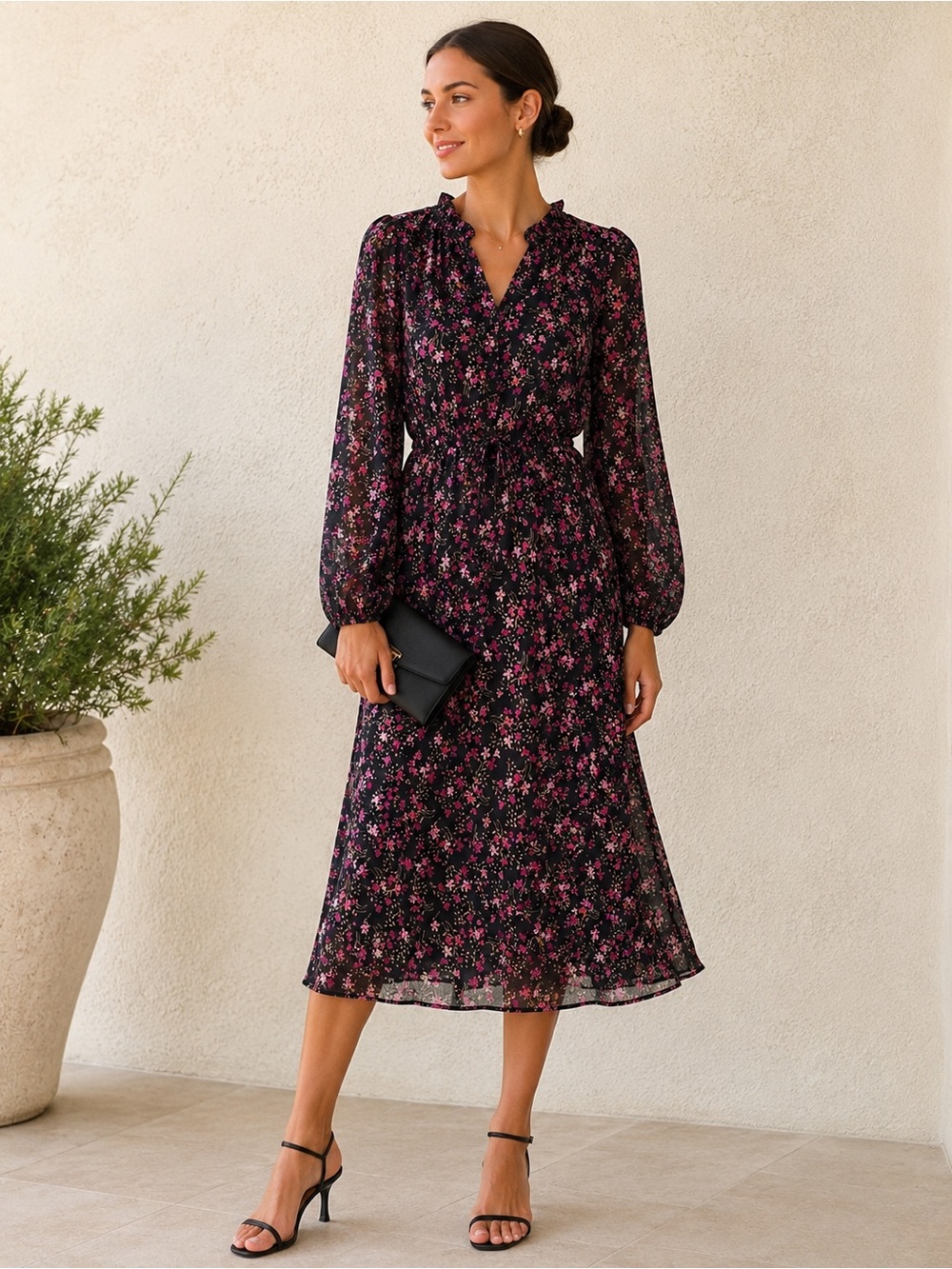 Draper James | Black Pink Floral Swiss Dot Midi Dress - Size Small